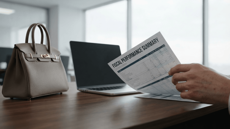 A luxury handbag sits on a modern office desk next to a financial report with a large header reading 'FISCAL PERFORMANCE SUMMARY'.
