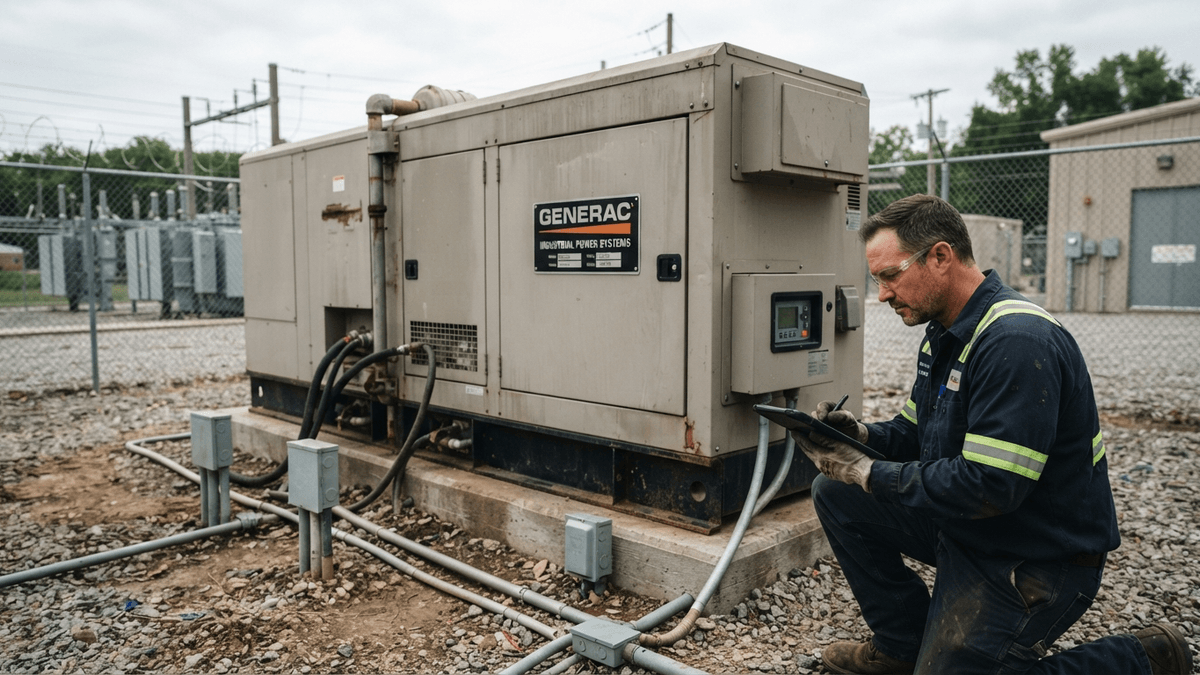 A close-up of a Generac industrial generator with a visible brand plaque, set against an industrial facility background.