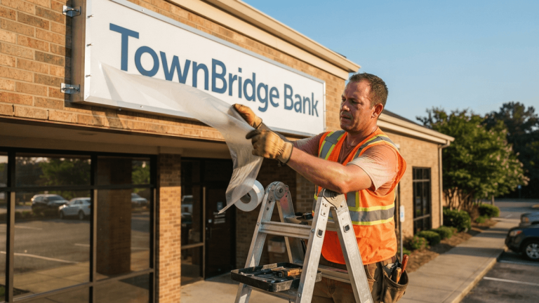 A construction worker installs a new TownBridge Bank sign on the exterior of a bank branch under a clear blue sky.