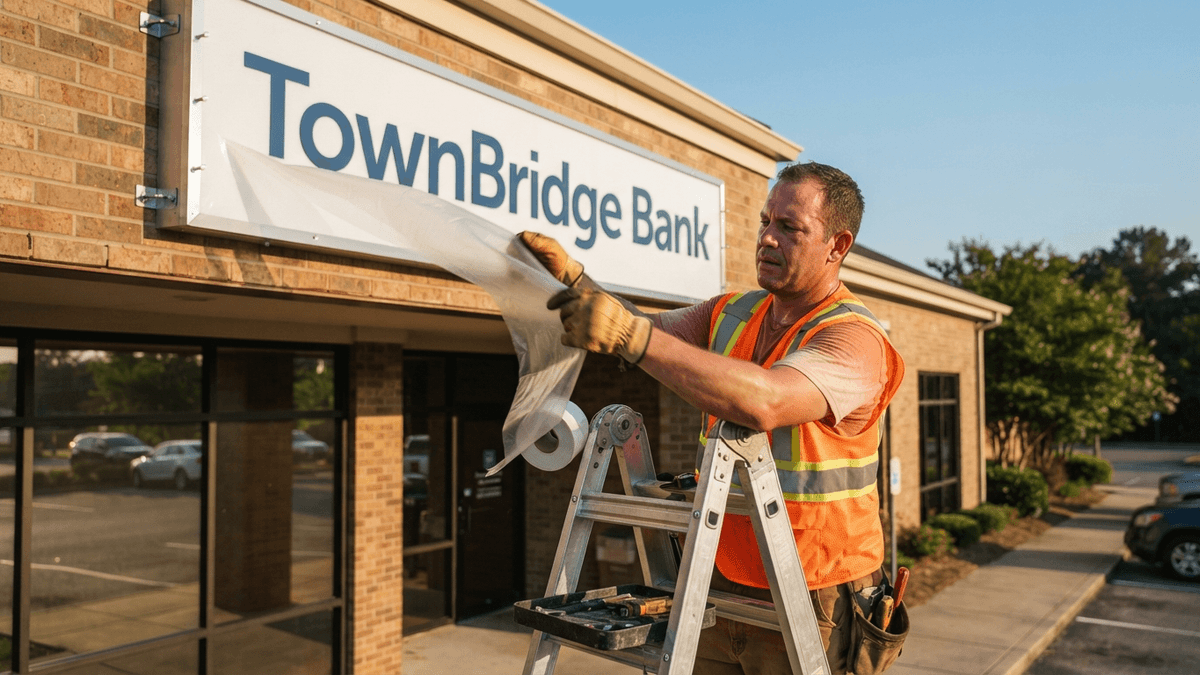 A construction worker installs a new TownBridge Bank sign on the exterior of a bank branch under a clear blue sky.