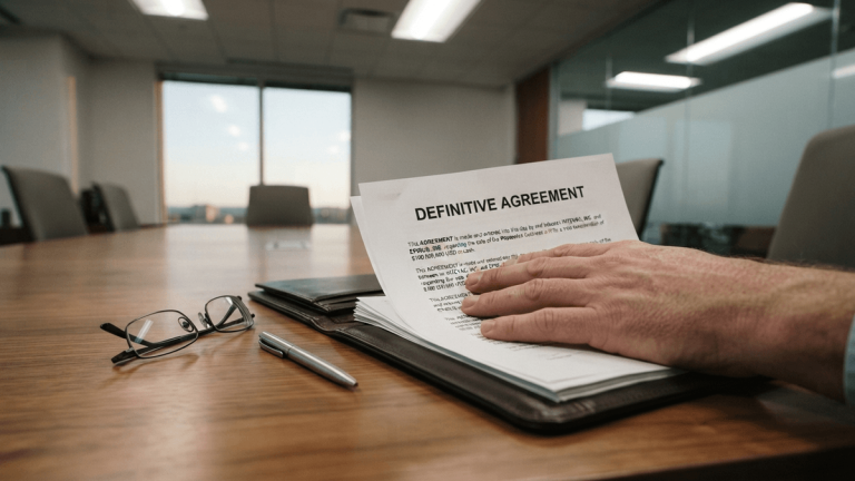 A hand rests on a document titled 'DEFINITIVE AGREEMENT' on a wooden boardroom table.