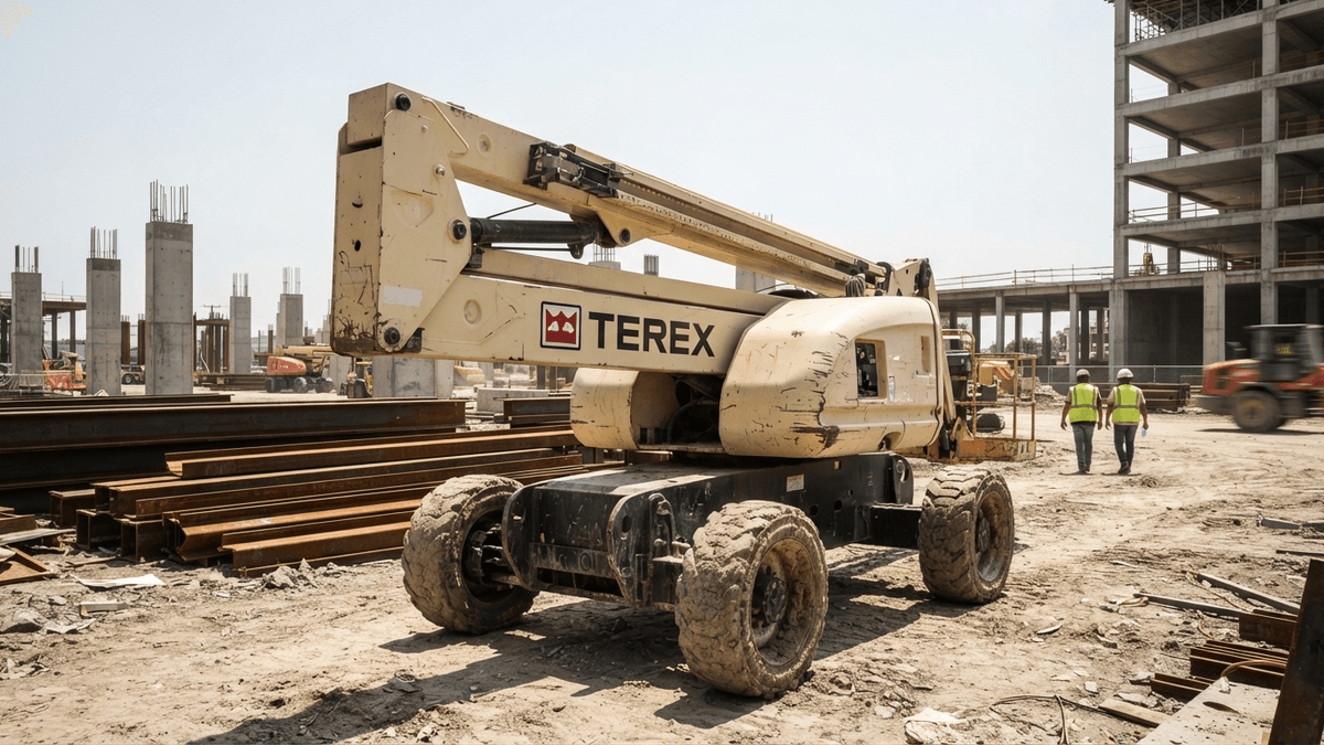 A yellow Terex aerial work platform parked on a dusty construction site near unfinished concrete structures.