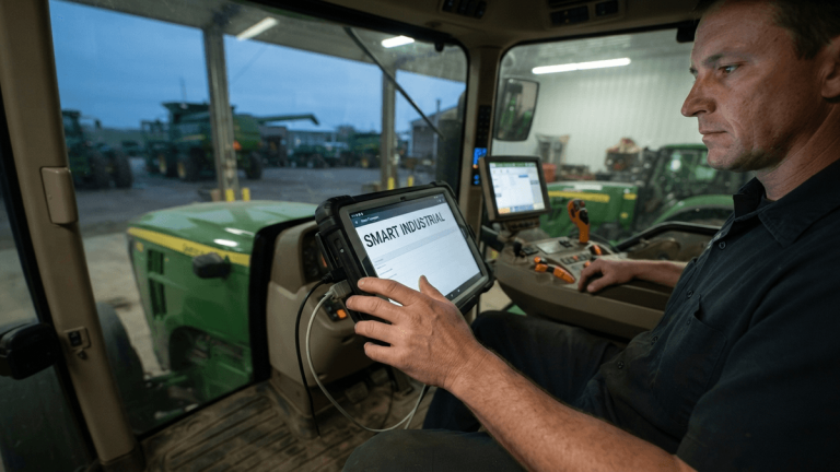 A close-up view inside a tractor cab showing a rugged tablet display with the words 'SMART INDUSTRIAL' at the top.