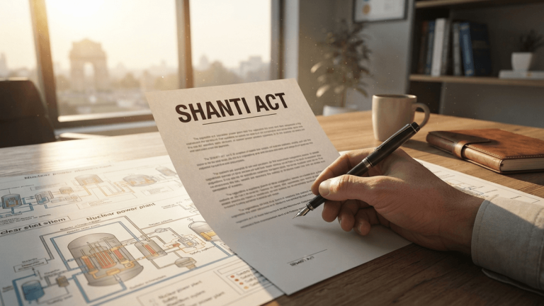 A printed document titled 'SHANTI ACT' sits on a desk with technical power plant schematics and a fountain pen.