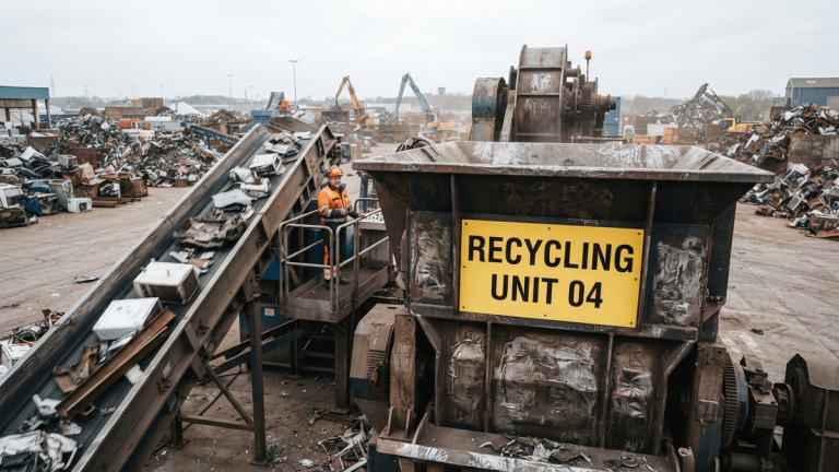 A large industrial metal shredder with a "RECYCLING UNIT 04" sign in a scrap metal yard.