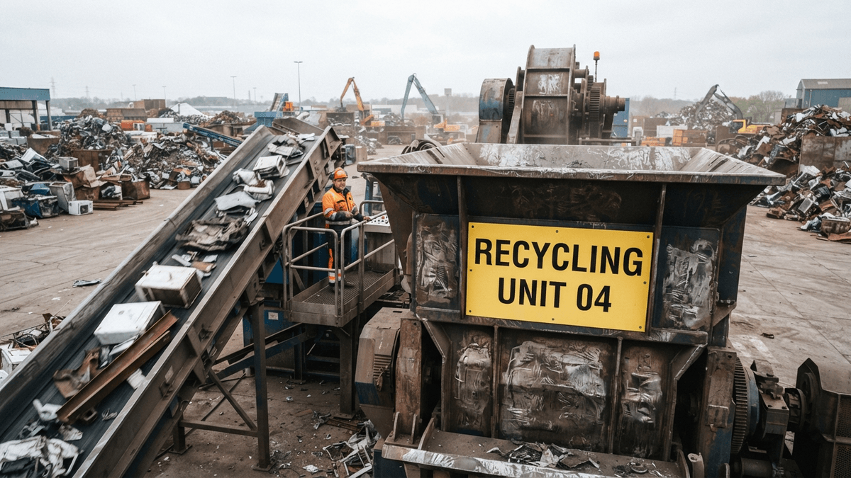 A large industrial metal shredder with a "RECYCLING UNIT 04" sign in a scrap metal yard.