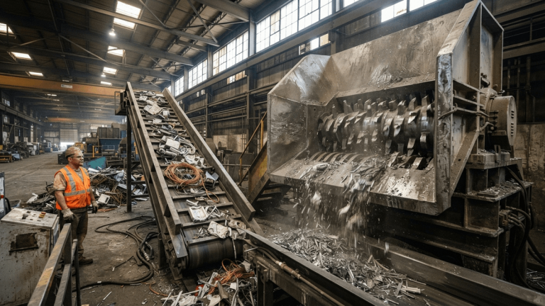 A large industrial metal shredder with serrated teeth processes scrap metal in a recycling facility.