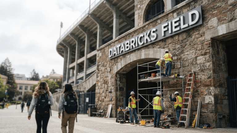 A new sign reading 'DATABRICKS FIELD' mounted on the brick exterior of the California Memorial Stadium at UC Berkeley.