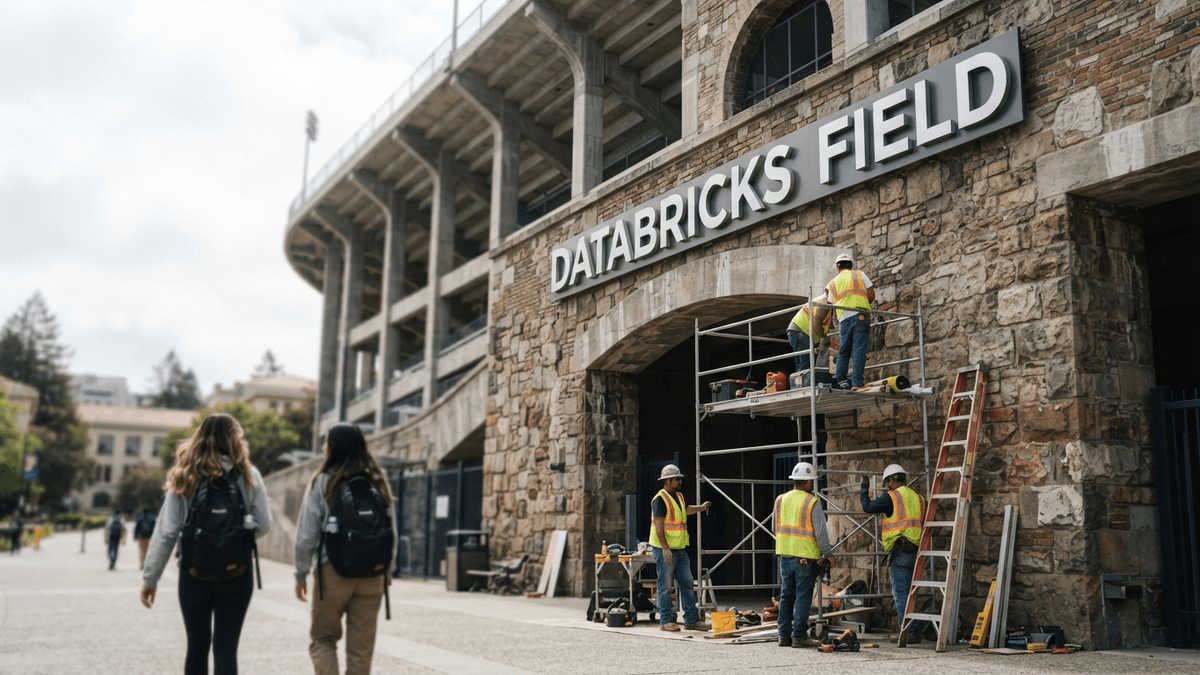 A new sign reading 'DATABRICKS FIELD' mounted on the brick exterior of the California Memorial Stadium at UC Berkeley.