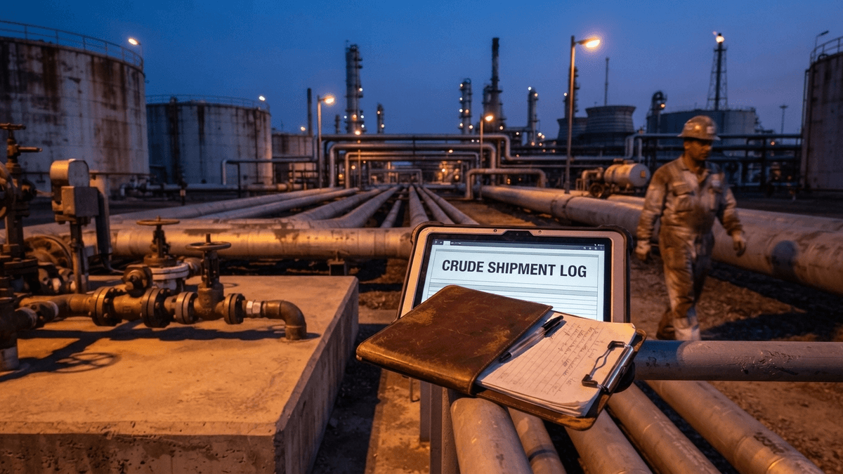 A digital screen at an oil refinery shows the title 'CRUDE SHIPMENT LOG' while partially covered by a clipboard.